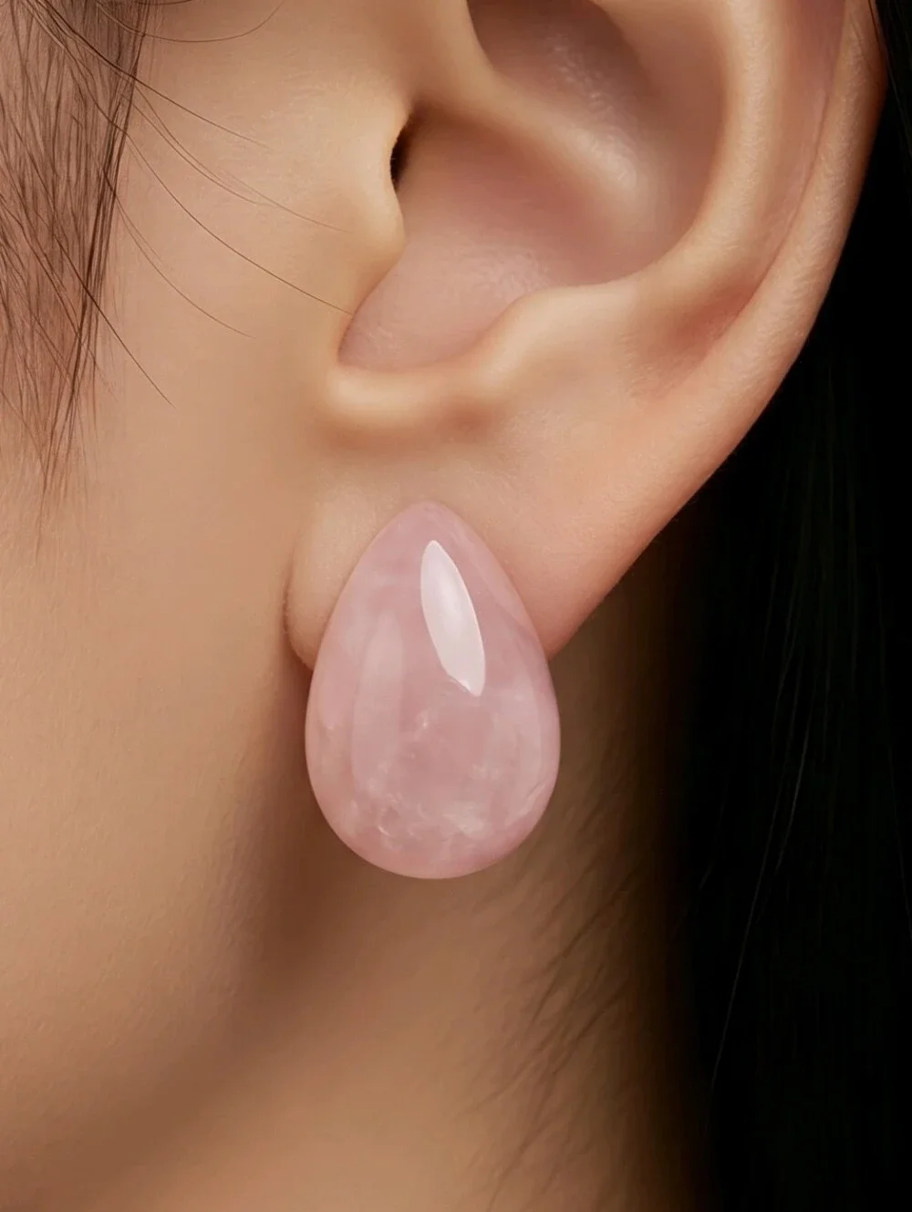 Blush Pink Marbled Teardrop Dome Earrings Glossy Chunky C-Hoop Retro Studs
